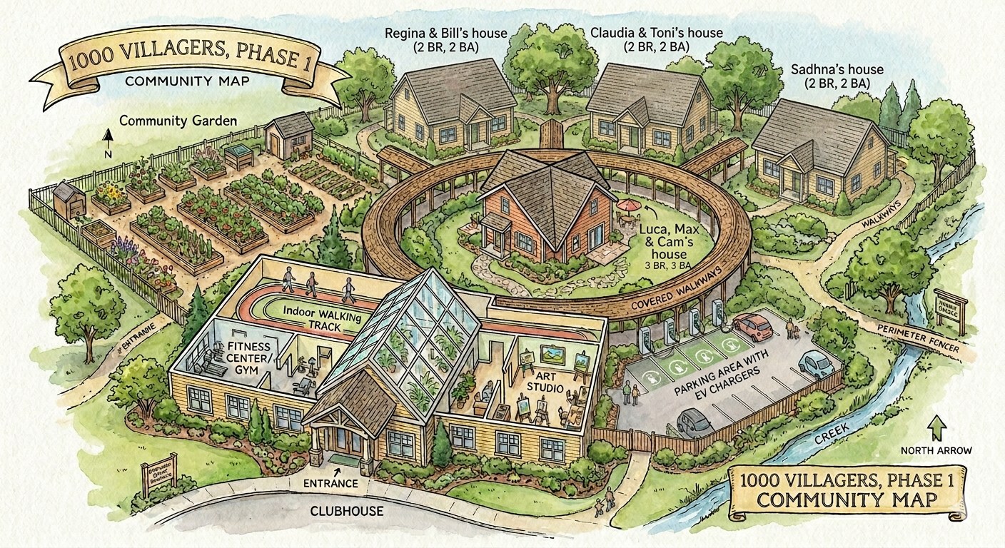 Illustrated concept map of 1000 Villagers, Phase 1: separate houses for each family, a shared home for the adult residents at the center, a clubhouse with a gym, indoor walking track and art studio, a community garden, covered walkways, parking with EV chargers, and a creek along one edge.